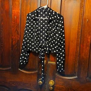 Black polka dot front tie blouse